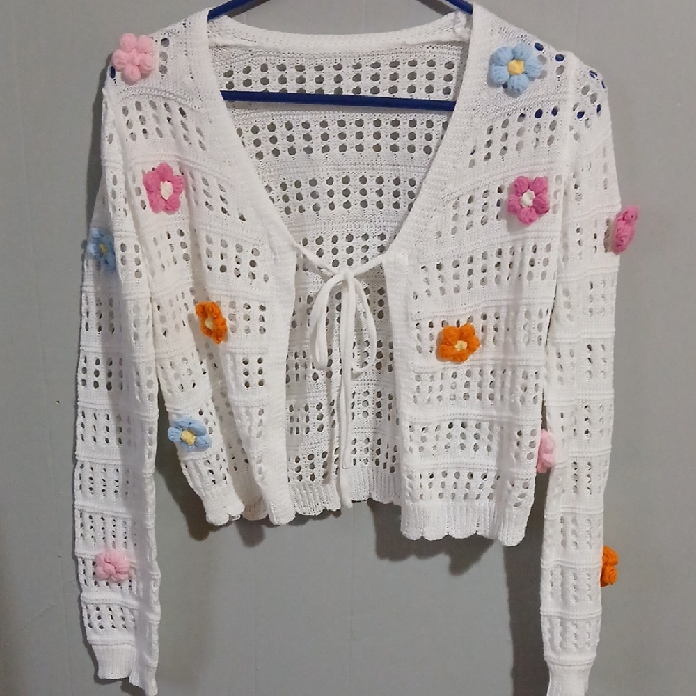 Floral Embellished White Cardigan